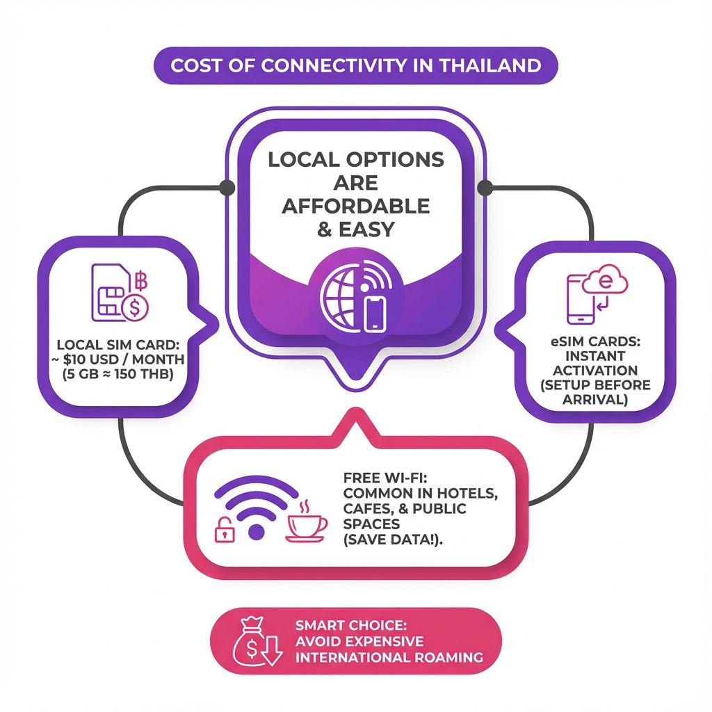 Infographic guide comparing local SIM cards and eSIM options for staying connected to the internet while traveling in Thailand