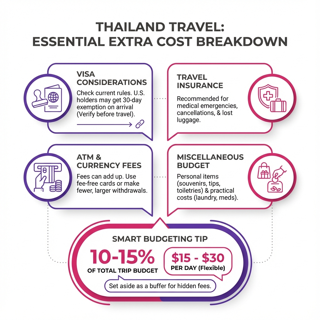 Travel checklist infographic highlighting miscellaneous Thailand expenses including visa fees, travel insurance, and ATM withdrawals.
