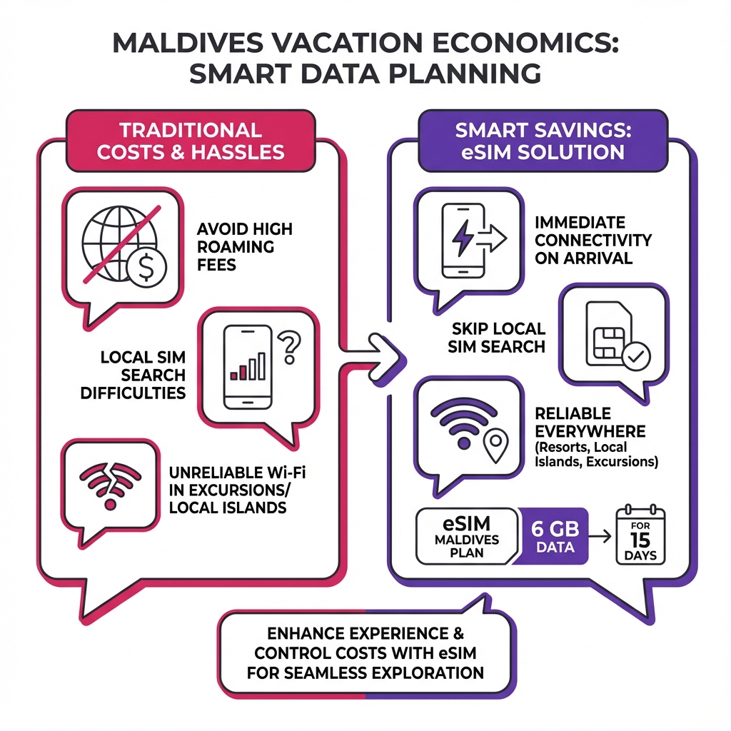 Infographic explaining the benefits of using an eSIM for mobile data and reliable internet connectivity while traveling in the Maldives.