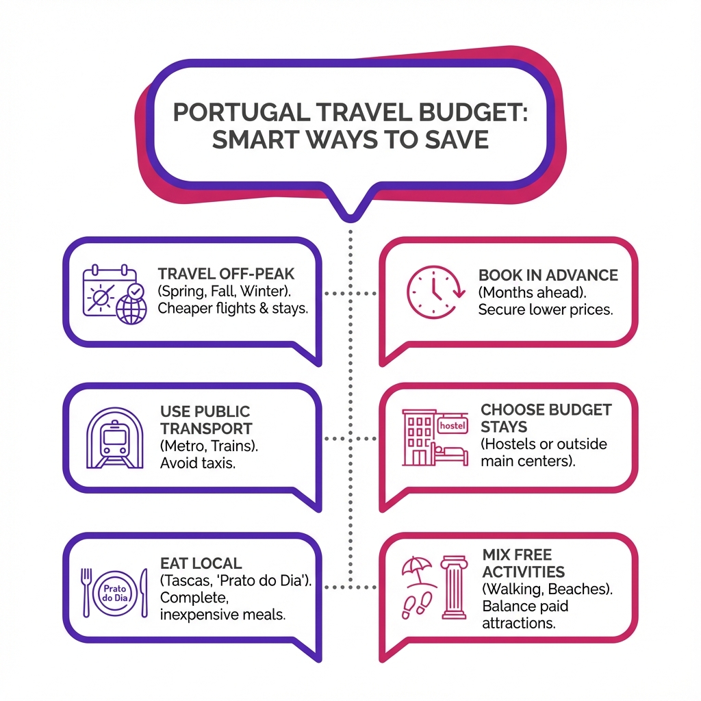 Listicle infographic featuring six actionable tips to save money on a trip to Portugal