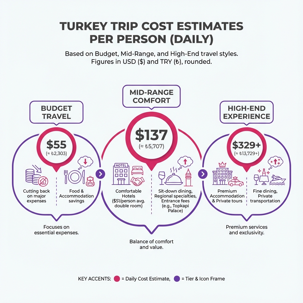 Comparison showing daily travel costs in Turkey for budget, mid-range and luxury travelers