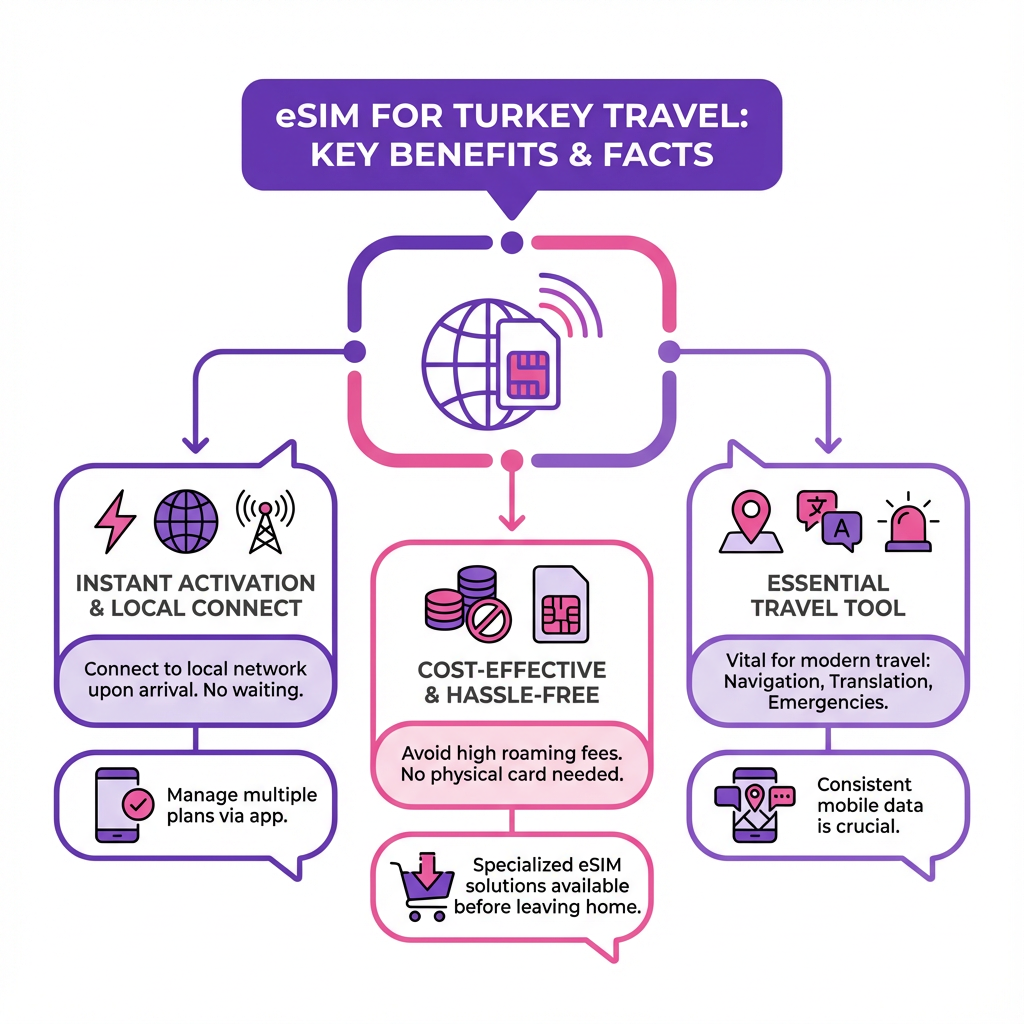 Infographic illustrating the benefits of using an eSIM in Turkey including instant activation and avoiding roaming fees.