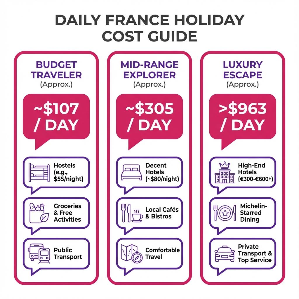 Comparison chart showing daily travel costs in France for budget, mid-range and luxury travel styles