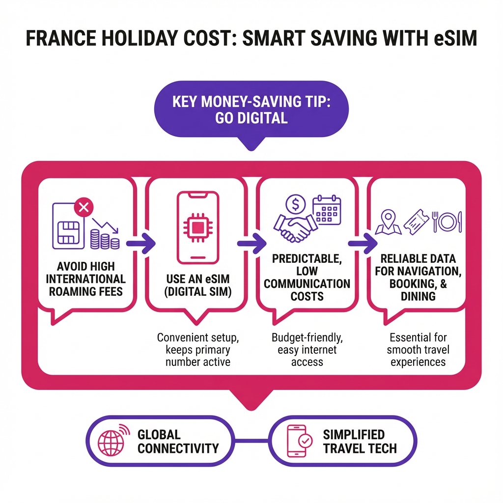 Infographic explaining the benefits of using an eSIM in France to save on roaming fees to stay connected.