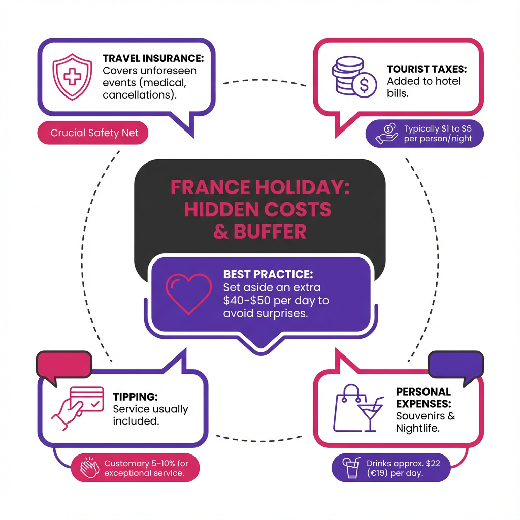 Checklist infographic detailing hidden travel costs in France including tourist taxes, tipping and insurance